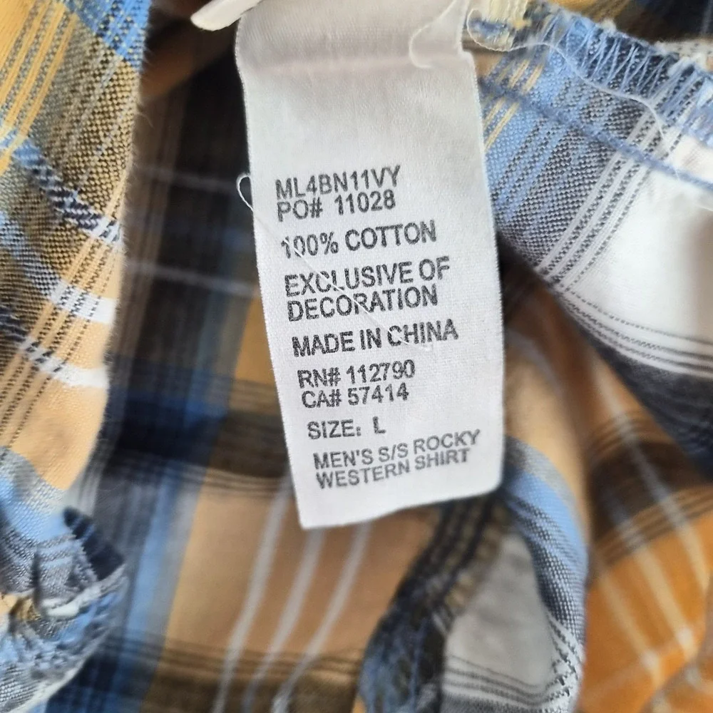 True Religion Rocky Western Shirt Men Large Yellow Blue Plaid Pearl Snap Cotton